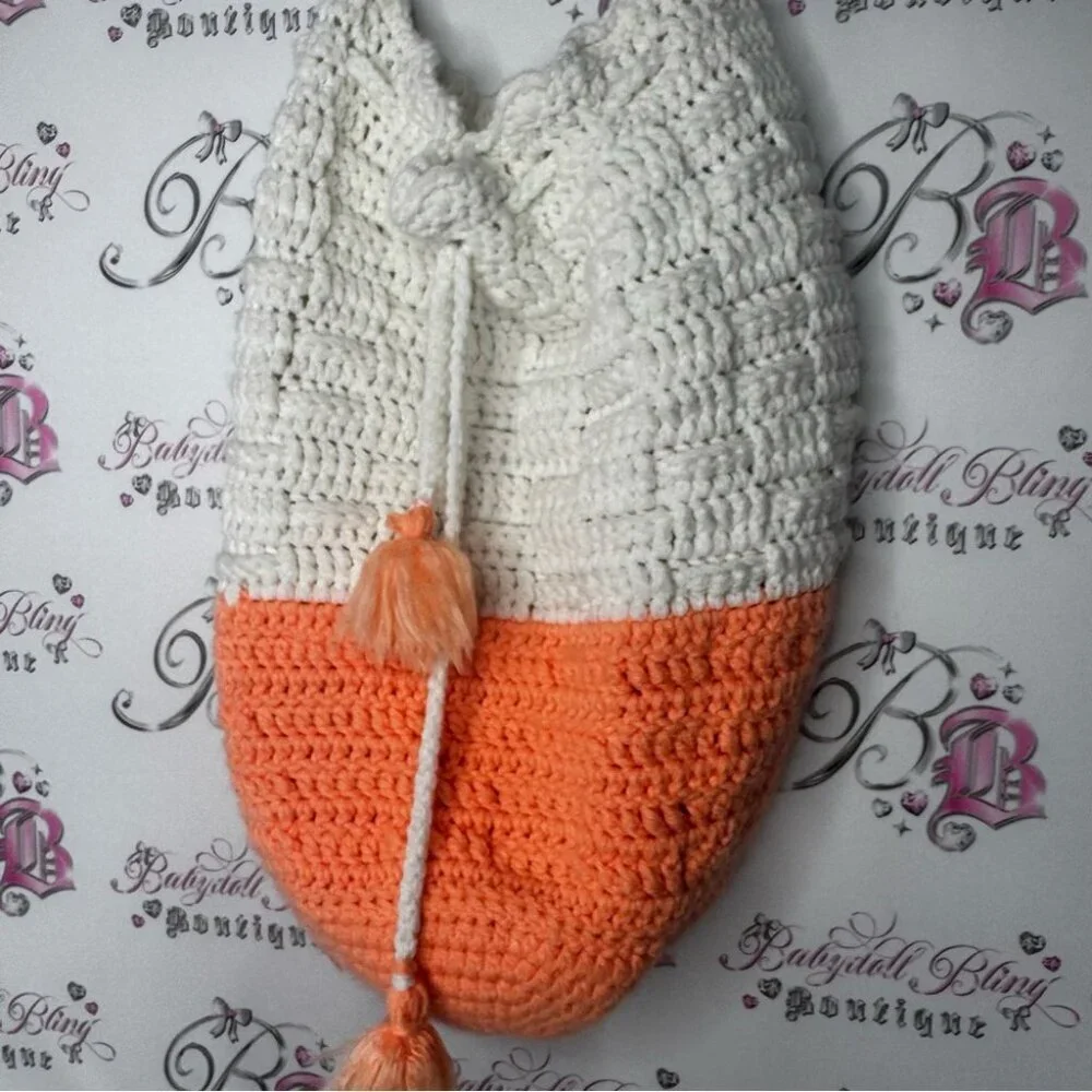 Tote handmade puff tassle Pom Pom Orange and White Crochet Shoulder Bag